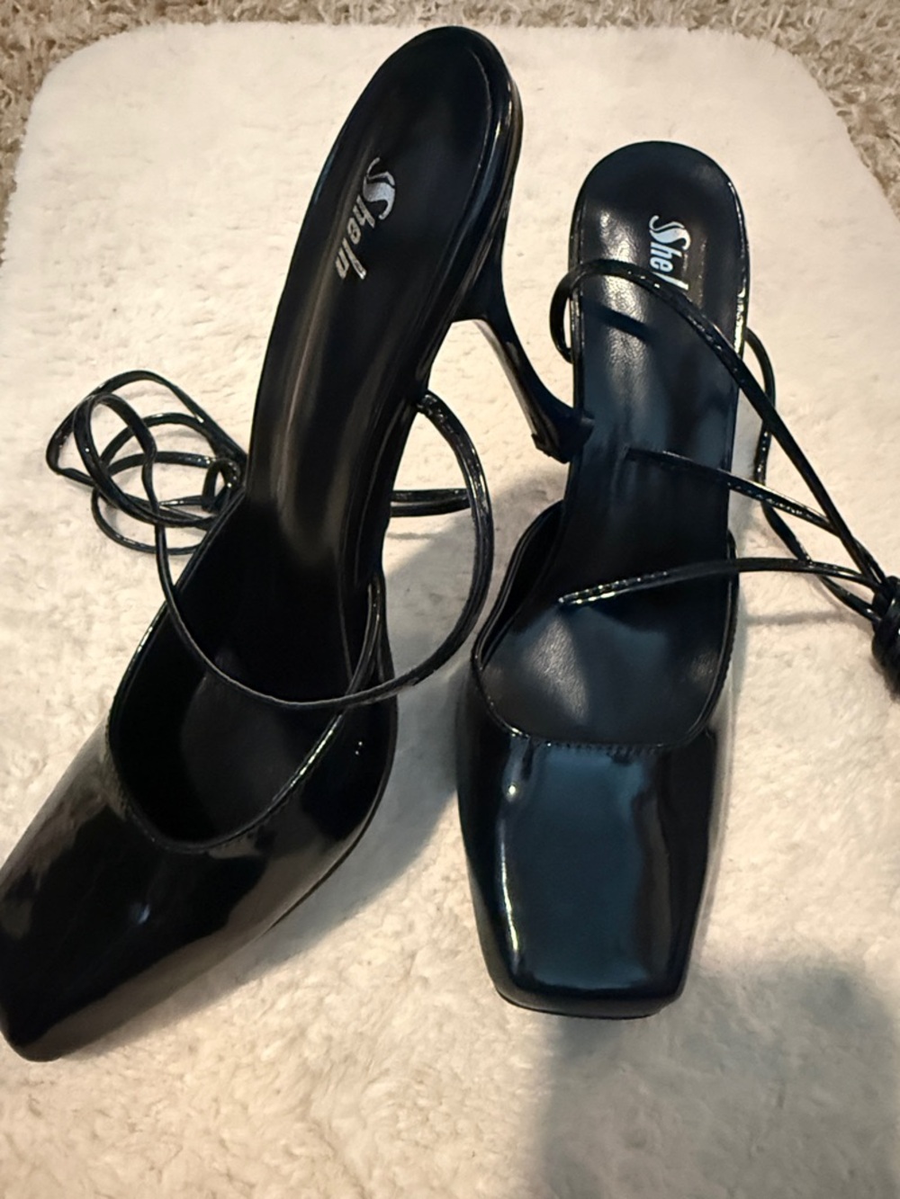 SHEIN Black Lace-Up Square Toe Patent Heels